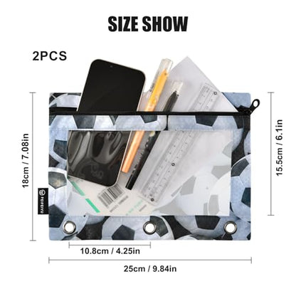 Soccer Pencil Pouch For 3 Ring Binder Clear Window Pencil Case For 3 Ring Reinforced Grommets With Zipper, 2 Pack - color: Soccer