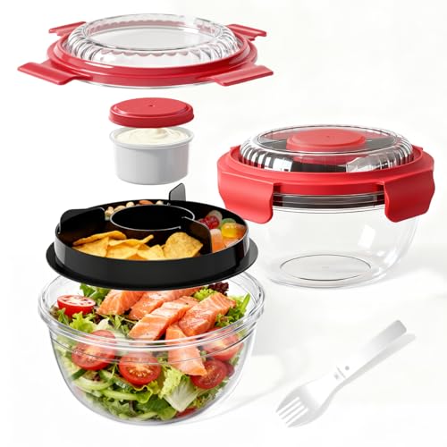 WHALEHOUSE 2-Pack 33 OZ Clear Eco-friendly SK chemicals ECOZEN Salad Container Sets, Portable Plastic Salad Bowls with Lid, Leak-Proof Dressing Container, Bento Lunch Box for Meal Prep & Food Storage - color: Red-2 Pack