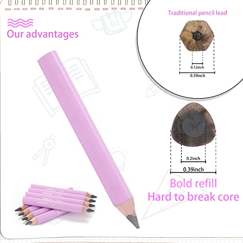 3.5-inch short triangular fat pencil, 5mm fat refill, mini wooden pencil, suitable for small hand writing and painting for preschool children and kindergarten (8 light pink) - color: Pink