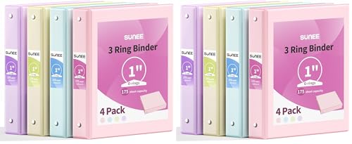 SUNEE 3 Ring Binder 1 Inch 8 Pack, Clear View 1" Binders Three Ring PVC-Free (Fit 8.5x11 Inches) for School or Office Supplies, Assorted Pastel - color: Pastel, size: 1 Inch (Pack of 2), style: 4 Pack