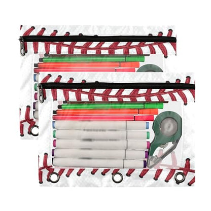 Kcldeci Pencil Pouch for 3 Ring Binder, Red Baseball Pattern 2 Pack Binder Pencil Pouch with Clear Window Pencil Bags with Zipper Pencil Case for Binder - color: A04