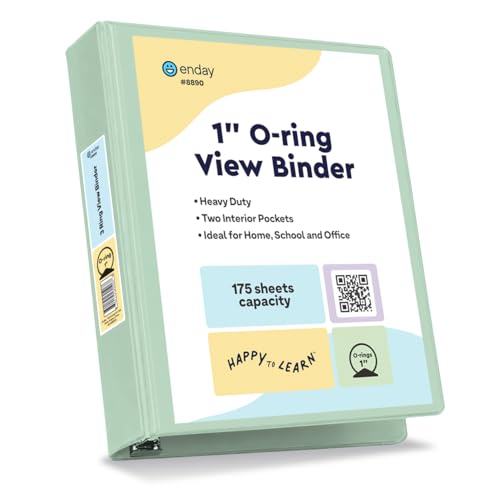 Enday 1 Inch Binders 3 Ring (Pastel Green) 3 Ring Binder 1 inch, Clear View Cover for Letter Size 8.5 x 11'' Paper & 2 Inside Pockets, Ideal for School Supplies, Office, and Home. - color: Green, size: 1-Inch