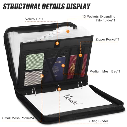 Uquelic Accordion File Organizer Binder with Multi-Pockets, 13 Pockets | Expanding Folders with Handle and Labels, Portable Home Travel Safe Storage for Letter A4 Files and More (Black)