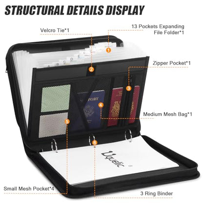 Uquelic Accordion File Organizer Binder with Multi-Pockets, 13 Pockets | Expanding Folders with Handle and Labels, Portable Home Travel Safe Storage for Letter A4 Files and More (Black)