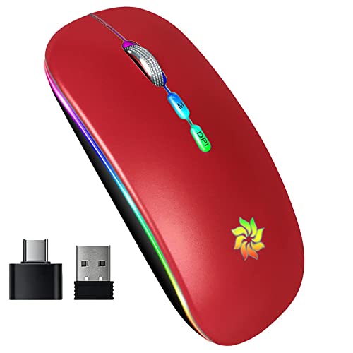KBCASE Wireless Mouse 2.4G, Red | LED Backlit Wireless Mouse, Slim Silent Rechargeable Wireless Mouse for Laptop, Computer, MacBook, with USB & Type-c Receiver - color: Red with LED Backlit