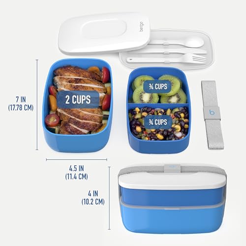 Bentgo Classic - Adult Bento Box, Stackable 3-Compartment Lunch Box with Removable Utensil Set and Sealing Strap, BPA-Free, Food Container Ideal for Meal Prep, Work, and On the Go (Blue) - color: Blue