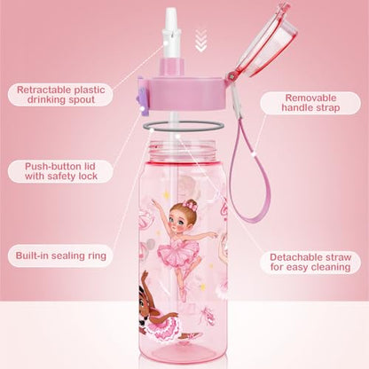 Tritan Kids Water Bottle for School, 18.6 oz Leakproof 2-in-1 Toddler Water Bottle with a Pop-up Detachbale Straw, Dishwasher Safe (Ballerina) - color: Ballerina
