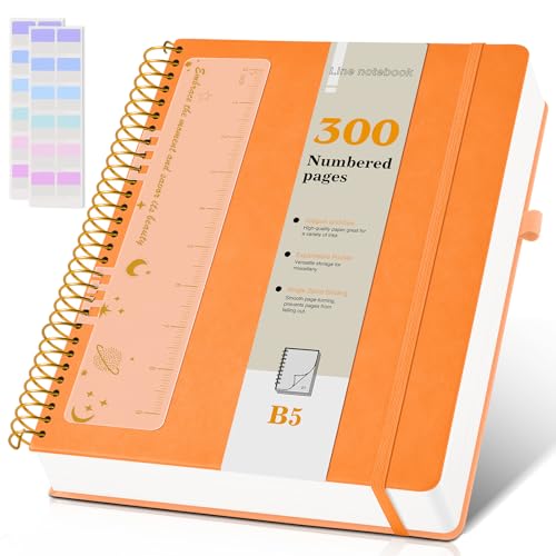 B5 Spiral Notebook Journal 7.6” x 10”, 300 Numbered Pages Hardcover Leather Journals for Women Men, Large Lined College Ruled Notebooks, 100GSM Thick Paper, Spiral Bound Journal for Work School, Orange - color: Orange, size: B5