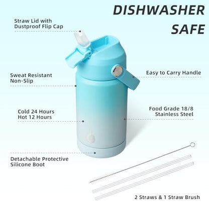 BJPKPK Insulated Water Bottle with Straw Lid, 12oz Thermo Water Bottles, Flex Handle & Non-slip Boot, BPA Free Leak Proof Stainless Steel Metal Thermo, Tumblers, Cups, Sea Salt - color: Sea Salt, size: 12 Ounces