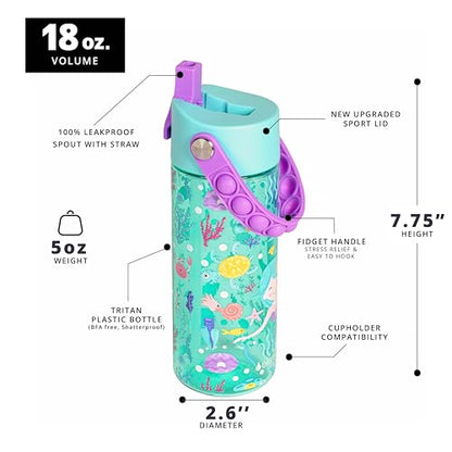 Elemental Leak Proof Water Bottles for Kids - Splash Kids Water Bottle for School with Pop-it Handle - Tritan Plastic Water Bottle with Straw - Mermaid & Rose - 18oz (2 Pack) - color: Duo - Mermaid / Rose (Sugar Plum)