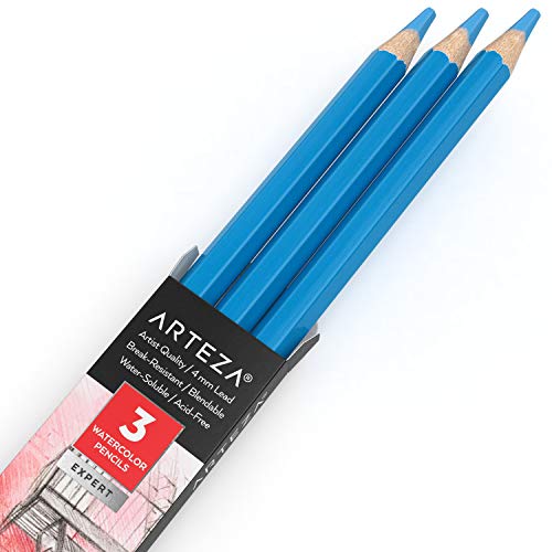 Arteza Professional Watercolor Pencils, Pack of 3, A508 Sea Blue, Water-Soluble Pencils for Coloring, Blending, Layering & Watercolor Techniques - color: A508 Sea Blue, size: 1 Count (Pack of 3)