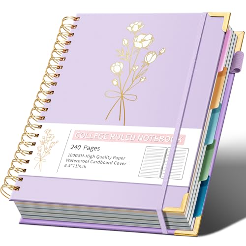 Hardcover Spiral Notebooks 8.5" X 11" Note Taking 5 Subject Notebook College Ruled with Dividers 240 Pages 100GSM Aesthetic Spiral Notebook for Work School Cute Journals for Women Writing - color: Purple, size: 8.5"x11"