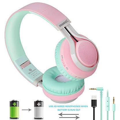 Riwbox WT-7S Bluetooth Headphones Light Up, Foldable Stero Wireless Headset with Microphone and Volume Control for PC/Tablet/TV/Travel (Pink Green) - color: PINK&GREEN