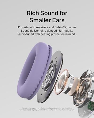 Belkin SoundForm Inspire Wired Over-Ear Headset for Kids, Online Learning & Travel w/Built-in Boom Mic, 85dB Safe Volume Limit - USB-C & 3.5mm - Compatible w/iPhone, iPad, Galaxy & More - Lavender - color: Lavender, style: Wired