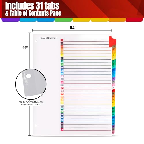 Tab Dividers for 3 Ring Binders – 6 Sets, 1–31 Numbered Index Dividers with Table of Contents – 8.5 x 11 in, 3-Hole Punched – Binder Dividers for School, Office, Filing, Organizing - 6 Pack - size: 1-31 Tabs