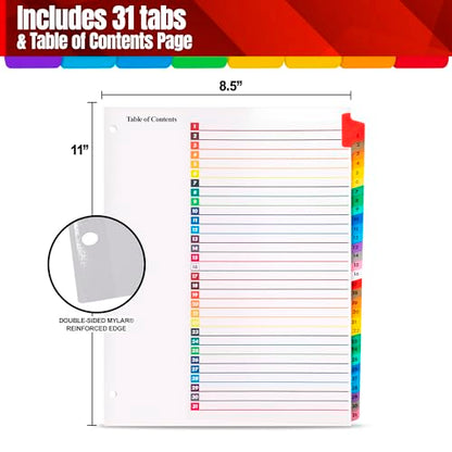 Tab Dividers for 3 Ring Binders – 6 Sets, 1–31 Numbered Index Dividers with Table of Contents – 8.5 x 11 in, 3-Hole Punched – Binder Dividers for School, Office, Filing, Organizing - 6 Pack - size: 1-31 Tabs