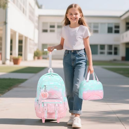 Scothen Rolling Backpack for Girls, 3PCS Roller School Backpacks for Girls with Lunch Bag and Pencil Pouch, Kids Bookbag Schoolbag with Wheels for Teen Girl Kindergarten Elementary Middle School - color: Green Pink