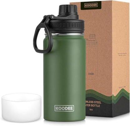 koodee 16 oz Water Bottle Stainless Steel Double Wall Vacuum Insulated Wide Mouth Water Bottle with Leakproof Spout Lid-Reusable Metal WaterFlask BPA Free (Grass Green) - color: Grass Green, size: 16 Ounces