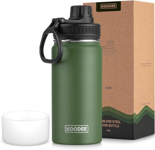 koodee 16 oz Water Bottle Stainless Steel Double Wall Vacuum Insulated Wide Mouth Water Bottle with Leakproof Spout Lid-Reusable Metal WaterFlask BPA Free (Grass Green) - color: Grass Green, size: 16 Ounces