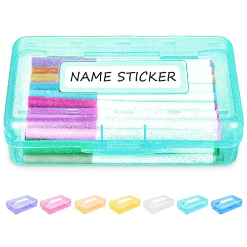 Sooez Pencil Box with Personalized Sticker,Large Hard Pencil Case Organizer | Clear Plastic Crayon Box for Girls and Boys, Colored Marker Organizer, Small Plastic Containers/Bins with Lids, Art Supply - color: Green Glitter