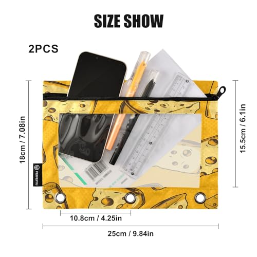 SUABO Cheese Color Pattern Pencil Pouch for 3 Ring Binder, 2 PCS Binder Pencil Pouch with Zipper, Clear Window Zipper Pencil Case Pencil Bags for Office Supplies - color: Cheese
