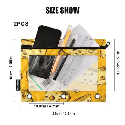 SUABO Cheese Color Pattern Pencil Pouch for 3 Ring Binder, 2 PCS Binder Pencil Pouch with Zipper, Clear Window Zipper Pencil Case Pencil Bags for Office Supplies - color: Cheese
