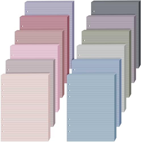 PerKoop 12 Pack Lined Refill Paper A5 Colored 6 Ring Binder Planner Inserts 6 Hole Notebook Refills Paper 8.2 x 5.8 Inch Loose Leaf (Soft Colors) - color: Soft Colors