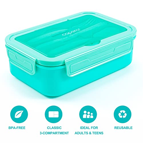 Caperci Classic Bento Box Adult Lunch Box for Older Kids - Leakpoof 47 oz 3-Compartment Lunch Containers for Adults and Teens, Built-in Utensil Set, Ideal for On-the-Go Balanced Eating, Aqua - color: Aqua