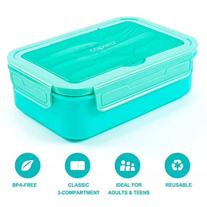 Caperci Classic Bento Box Adult Lunch Box for Older Kids - Leakpoof 47 oz 3-Compartment Lunch Containers for Adults and Teens, Built-in Utensil Set, Ideal for On-the-Go Balanced Eating, Aqua - color: Aqua