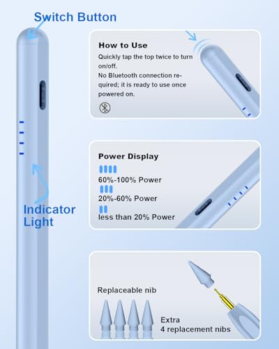 Stylus Pen for iPad (2018-2026), Fast Charge for iPad Pencil with Palm Rejection, Active Pen Compatible with Apple iPad A16 11/10/9/8/7/6, iPad Pro M5/M4/11/12.9", Mini 5/6, Air 3/4/5/M2/M3 (Blue) - color: A19D-Blue