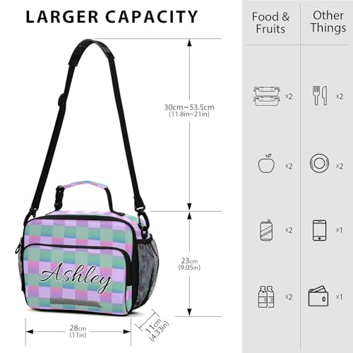 Custom Student Lunch Bag for Boys Girls Gradient Checkered Personalized Lunch Box With Name Insulated Cooler Bag for School Picnic Travel - color: Multi20