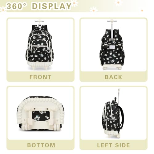 DIGOBAY Rolling Backpack for Girls, Cute Girls Backpack with Wheels, Kids Wheeled backpacks Set with Lunch Bag Pencil Case for Teen Girl, Roller School Bag with Wheels for Elementary Middle School - color: Black Daisy