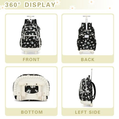DIGOBAY Rolling Backpack for Girls, Cute Girls Backpack with Wheels, Kids Wheeled backpacks Set with Lunch Bag Pencil Case for Teen Girl, Roller School Bag with Wheels for Elementary Middle School - color: Black Daisy