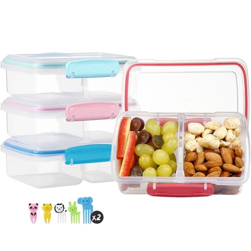 Greentainer 4 Pack Snack Containers with Lids for Kids, 2 Compartment Reusable Bento Lunch Box with Cute Forks, Divided BPA-Free Plastic Food Storage & Meal Prep for School, Travel, Fruits & Snacks - color: New-Pink