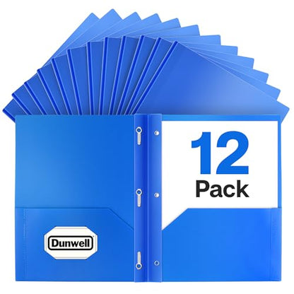Dunwell Plastic Folders with 3 Prongs, (12 Pack, Blue), 2-Pocket Folders with Fasteners, Durable Acid-Free Poly for Long Term Use, Labels Included - color: Blue, size: 12 Pack