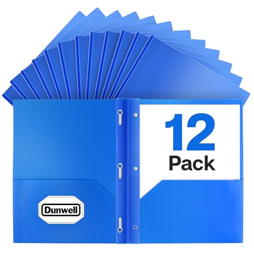 Dunwell Plastic Folders with 3 Prongs, (12 Pack, Blue), 2-Pocket Folders with Fasteners, Durable Acid-Free Poly for Long Term Use, Labels Included - color: Blue, size: 12 Pack