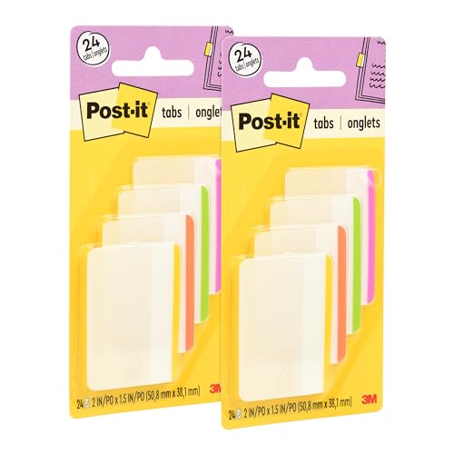 Post-it Tabs - 2 Inch Assorted Bright Colors (4 Colors, 24 Tabs/Pack) (Pack of 2) - size: 0.3" x 2.8" (Pack of 2)
