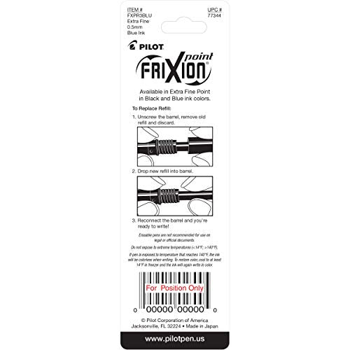 Pilot, FriXion Point Gel Ink Refills for Erasable Pens, Extra Fine Point 0.5 mm, Pack of 3, Blue