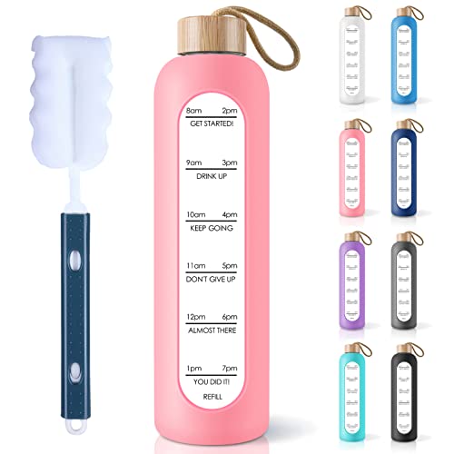 PROBTTL 32 Oz Borosilicate Glass Water Bottle with Time Marker Reminder Quotes, 1 Liter Leak Proof Reusable BPA Free Motivational Water Bottles with Silicone Sleeve and Bamboo Lid (Pink) - color: Pink, size: 32 Ounces