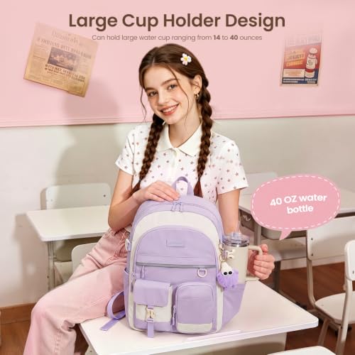 LOVEVOOK School Backpack for Teen Girls, Student Backpack Purse for 8-16 Teenage, Cute Kid Bookbag with Large Cup Holder, Back to School Backpacks Fit 15.6 Inch Laptop, Large College Travel Bag Gift - color: Off White With Khaki With Reflective Strip, siz
