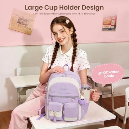 LOVEVOOK School Backpack for Teen Girls, Student Backpack Purse for 8-16 Teenage, Cute Kid Bookbag with Large Cup Holder, Back to School Backpacks Fit 15.6 Inch Laptop, Large College Travel Bag Gift - color: Off White With Khaki With Reflective Strip, siz