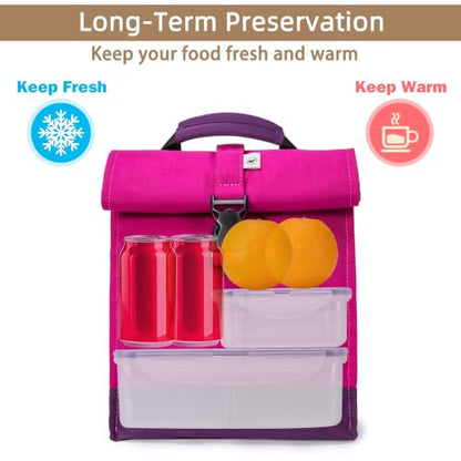 SUNNY BIRD Insulated Lunch Bag Rolltop Lunch Box Tote Lunchbox Bag for Women, Girls, Teens and Kids (Purple) - color: Purple