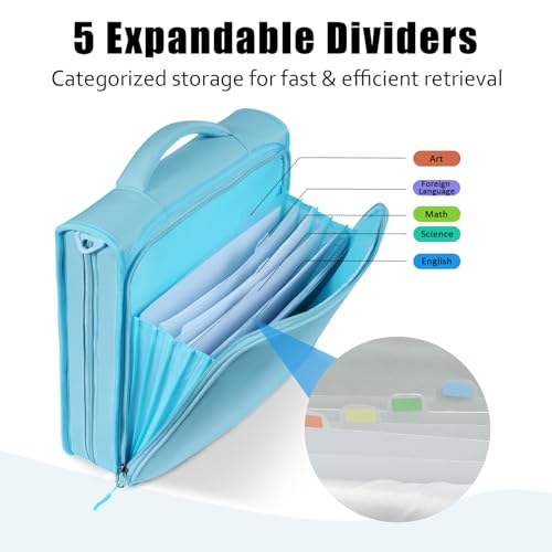 2 Inch 3 Ring Zipper Binder with 500 Sheet Capacity, 6 Tab Expanding File Folder, Multi-Pocket Design, Shoulder Strap and Handle for Middle School and Office (Light Blue) - color: Light Blue
