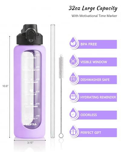 Nefeeko 32 oz Glass Water Bottles with Straw, Motivational Glass Water Bottle with Time Marker, 1 Liter BPA FREE Leakproof Reusable Glass Water Bottle with Silicone Sleeve, Bamboo Lid, Spout Lid - color: Purple