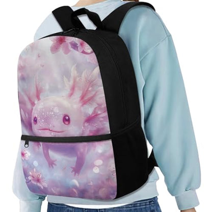 Cherry Blossom Axolotl Backpack for Girls Kids Backpack with Lunch Box Water Bottle Carrier and Aesthetic Pencil Case 4PCS Set Cute Bookbag with Front Pocket for School 17" Large School Bag - color: Aesthetic Cherry Blossom Axolotl