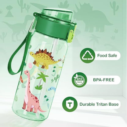 Tritan Kids Water Bottle for School, 18.6 oz Leakproof 2-in-1 Toddler Water Bottle with a Pop-up Detachbale Straw, Dishwasher Safe (Dinosaur) - color: Dinosaur