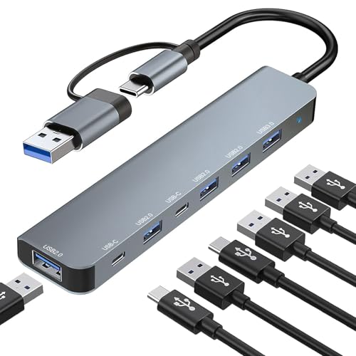 USB C Hub, USB Hub 3.0, Upgrade 7 in 2 USB Splitter with 1xUSB 3.0, 4xUSB2.0, 2xUSB C, USB C & USB Hub Multiport Adapter, USBC USB Dongle for PC/Laptop/Tablet/Mac/MacBook/iPad and More Devices - color: Grey-USB C Hub 01