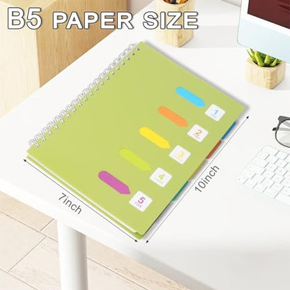 5 Subject Notebook College Ruled Spiral Notebook 7x10 Inch Hardcover Notebook with Divider Tabs 240 Pages Small Notebook for Work B5 Spiral Notebook College Ruled Notebook for Note Taking School,Green - color: Green