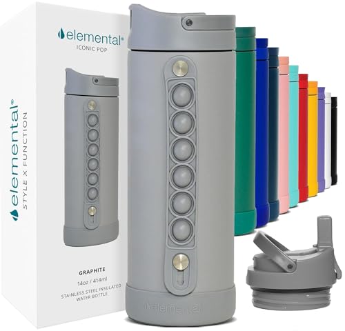 Elemental Iconic Kids Water Bottle for School - 100% Leak-Proof Insulated Water Bottles with Straw Lid & Pop-It Handle for Boys & Girls - Triple-Wall Insulated & BPA-Free, 14oz – Graphite - color: Graphite, size: 14 Ounces
