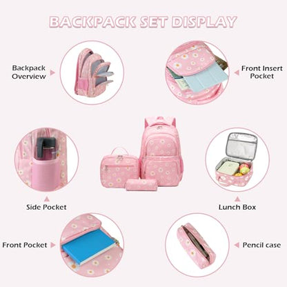 Glodwheat Daisy Printed Backpack For Girls- 3Pc Set With Lunch Box & Pencil Case, Lightweight Water-Resistant Bookbag For Elementary School - color: Pink